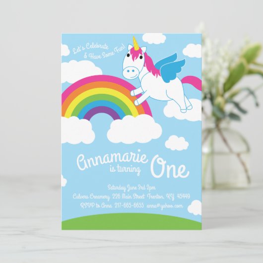Unicorns en Rainbow 1st Birthday Cute Invitations Kaart (Staand voorkant)