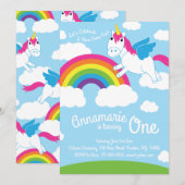 Unicorns en Rainbow 1st Birthday Cute Invitations Kaart (Voorkant / Achterkant)