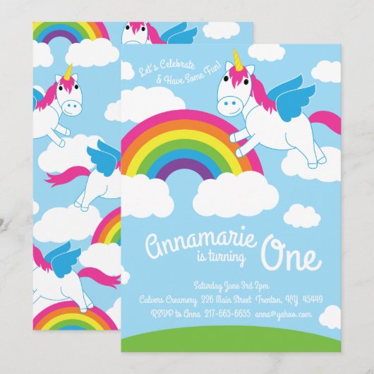 Unicorns en Rainbow 1st Birthday Cute Invitations Kaart (Voorkant / Achterkant)