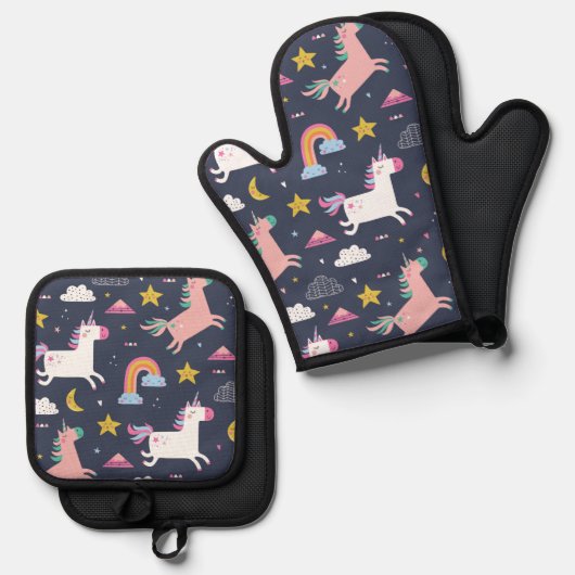 Unicorns en regenbogen ovenwant & pannenlap set (Voorkant / Achterkant)