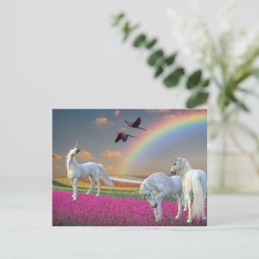 Unicorns Fantasy Rainbow Bloemenlandschap Briefkaart (Staand voorkant)