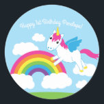 Unicorns Kids Birthday Party Theme Ronde Sticker<br><div class="desc">Deze schattige eenhoorns en regenbogen een schattig thema op het eerste verjaardagsfeestje is perfect voor je kind dat er een wordt of een kind dat op elke leeftijd van eenhoorn houdt! Geweldig voor een 1-jarige die van magische dingen houdt!</div>