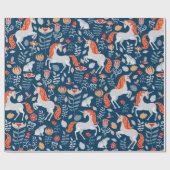 Unicorns, konijnen, vogels, bloemen op een blauwe  cadeaupapier (Vlak)