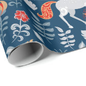 Unicorns, konijnen, vogels, bloemen op een blauwe  cadeaupapier (Rol Hoek)