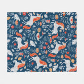 Unicorns, konijnen, vogels, bloemen op een blauwe  fleece deken (Voorkant (Horizontaal))