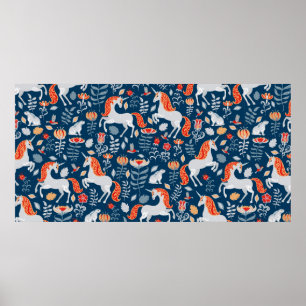 Unicorns, konijnen, vogels, bloemen op een blauwe  poster