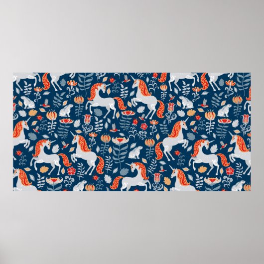 Unicorns, konijnen, vogels, bloemen op een blauwe  poster (Voorkant)