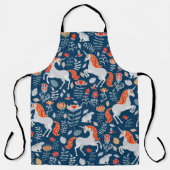 Unicorns, konijnen, vogels, bloemen op een blauwe  schort (Voorkant)