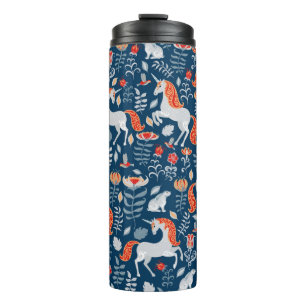 Unicorns, konijnen, vogels, bloemen op een blauwe thermosbeker