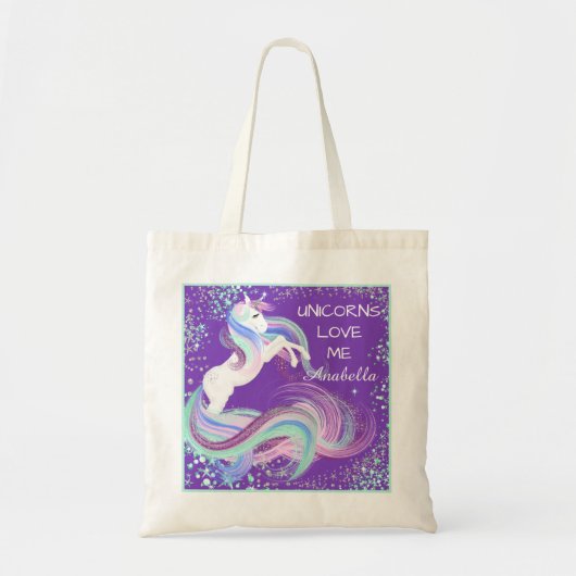 "Unicorns Love me" Glittery Stars Canvas tas Paars (Voorkant)