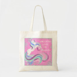 "Unicorns Love me" Glittery Stars Canvas tas Roze