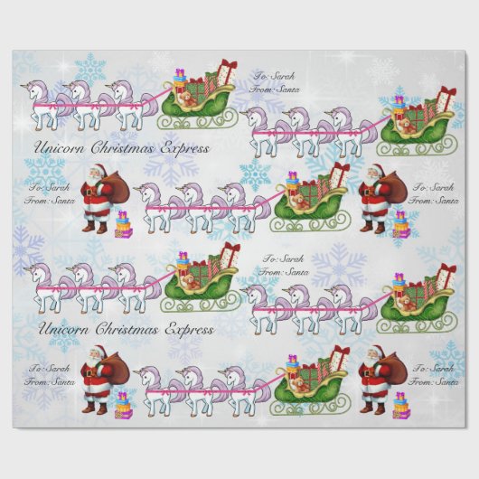 Unicorns Pulling Santa's Sleigh Add Child's Name Cadeaupapier (Vlak)