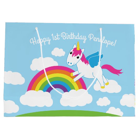 Unicorns & Rainbows Cute 1st Birthday Party Theme Groot Cadeauzakje (Achterkant)
