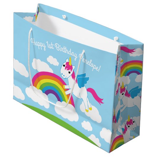 Unicorns & Rainbows Cute 1st Birthday Party Theme Groot Cadeauzakje (Voorkant Gekanteld)