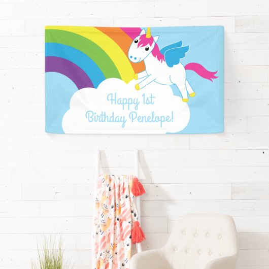 Unicorns & Rainbows Cute 1st Birthday Party Theme Spandoek (Insitu)