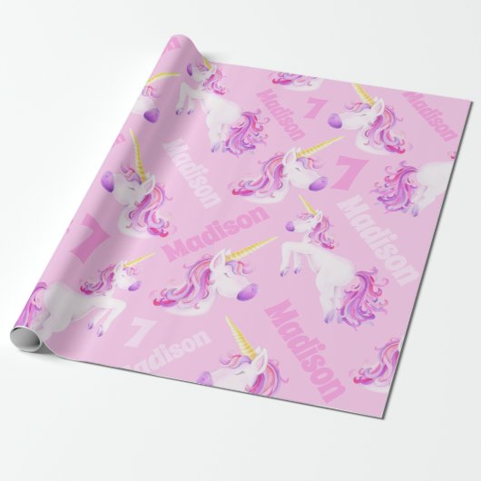 Unicorns roze paarse gepersonaliseerde naam en lee cadeaupapier (Uitgerold)