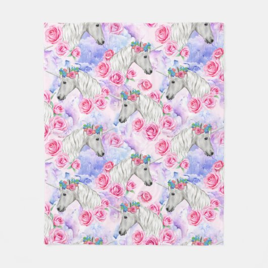 Unicorns & Rozen Patroon Fleece Deken (Voorkant)