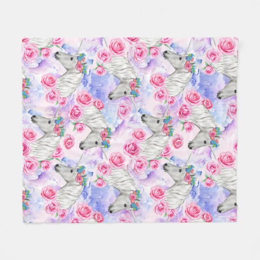 Unicorns & Rozen Patroon Fleece Deken (Voorkant (Horizontaal))