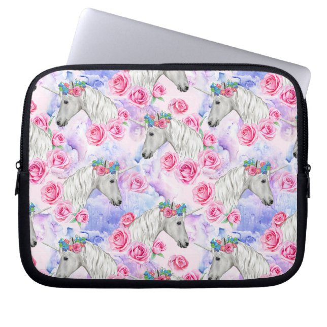 Unicorns & Rozen Patroon Laptop Sleeve (Voorkant)