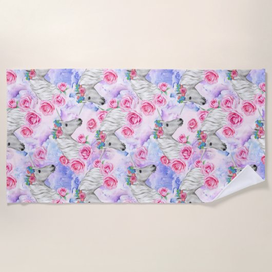 Unicorns & Rozen Patroon Strandlaken (Voorkant)