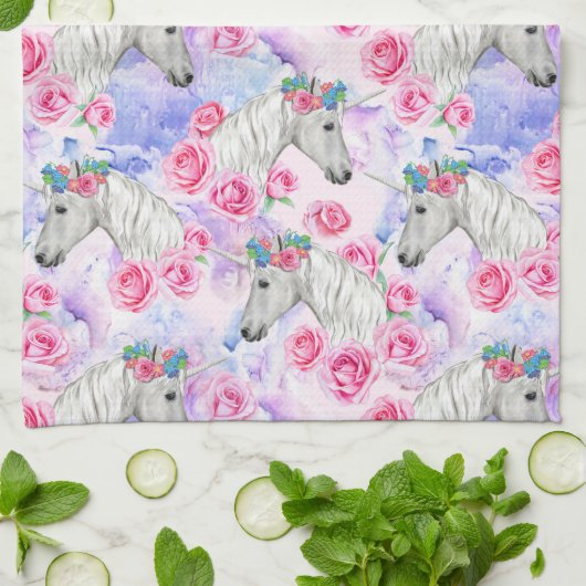 Unicorns & Rozen Patroon Theedoek (Gevouwen)
