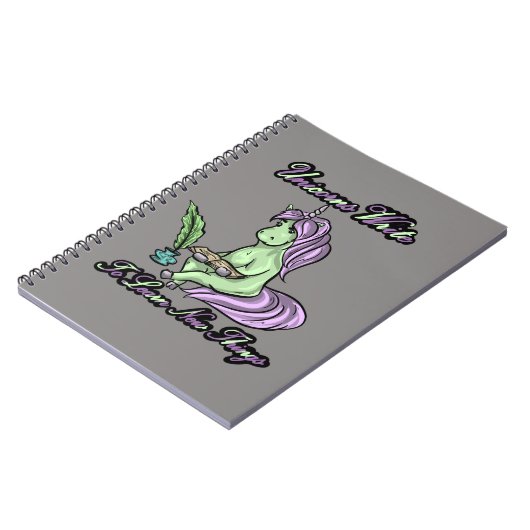 Unicorns schrijven om nieuwe dingen te leren spira notitieboek (Linkerzijde)