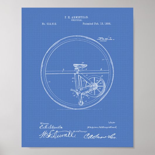 Unicycle 1894 Patent Art Blueprint Poster (Voorkant)