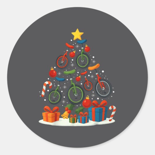 Unicycling Unicycle Christmas Tree Xmas Ronde Sticker (Voorkant)