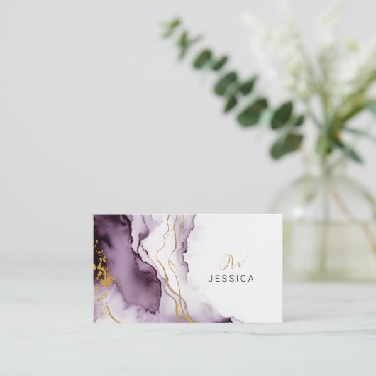 Uniek Abstract Paarse & Gouden Waterverf Marmer Visitekaartje (Staand voorkant)