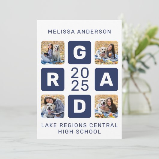 Uniek Afstudeerder marineblauw wit 5 foto Afstuder Kaart (Staand voorkant)