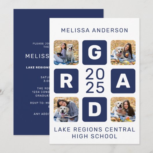 Uniek Afstudeerder marineblauw wit 5 foto Afstuder Kaart (Voorkant / Achterkant)