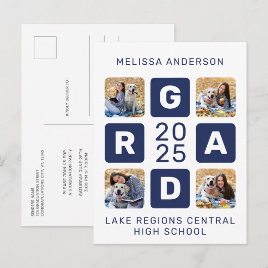 Uniek Afstudeerder Navy Blue White 4 Photo Afstude Uitnodiging Briefkaart (Voorkant / Achterkant)