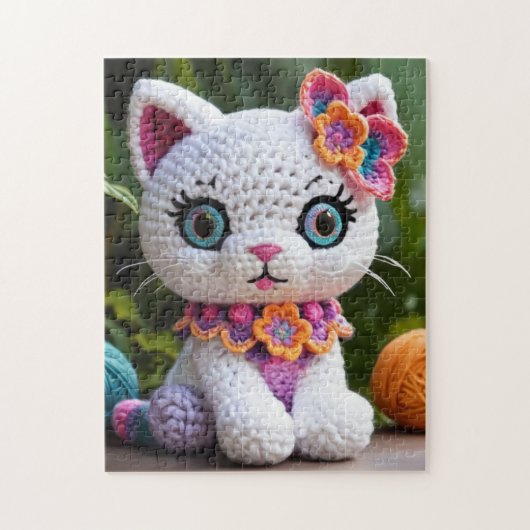 Uniek Amigurumi Kat: Schattige witte kattenhaak Legpuzzel (Verticaal)