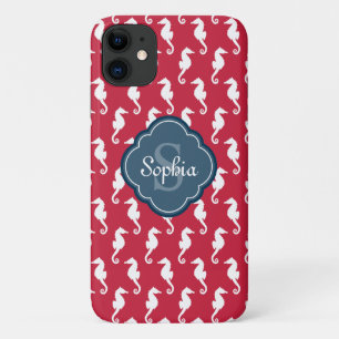Uniek blauw monogram rood zeepaard Case-Mate iPhone case