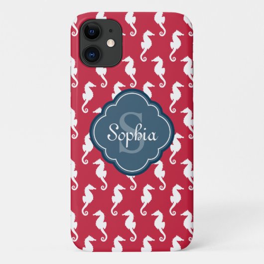 Uniek blauw monogram rood zeepaard Case-Mate iPhone case (Achterkant)