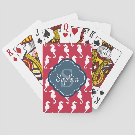 Uniek blauw monogram rood zeepaard pokerkaarten (Achterkant)