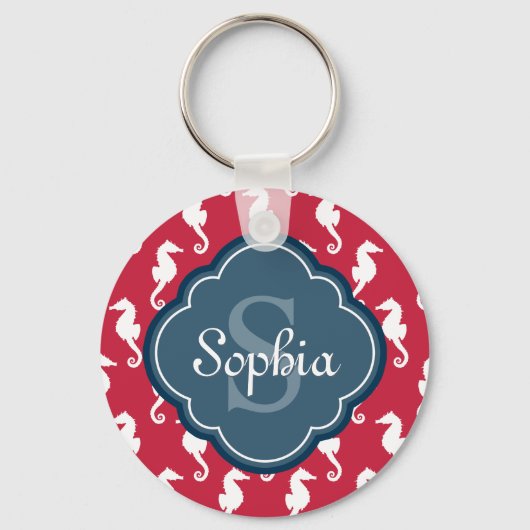 Uniek blauw monogram rood zeepaard sleutelhanger (Voorkant)