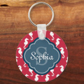 Uniek blauw monogram rood zeepaard sleutelhanger (Voorkant)