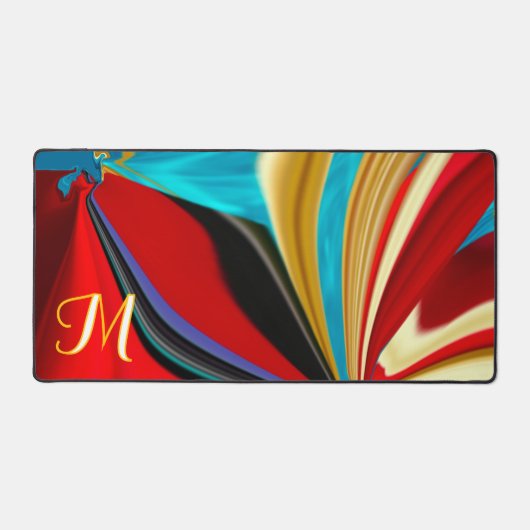Uniek Blauw Rood Goud Monogram Vloeibaar Abstract Bureaumat (Voorkant)