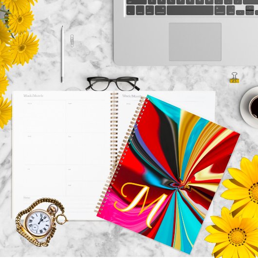 Uniek Blauw Rood Goud Monogram Vloeibaar Abstract Planner