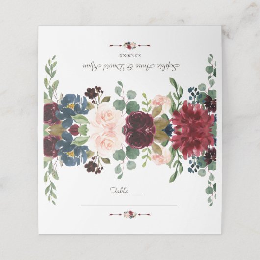Uniek Burgundy Blue Floral Table Number Plaatskaartje (Buitenkant ongevouwen)