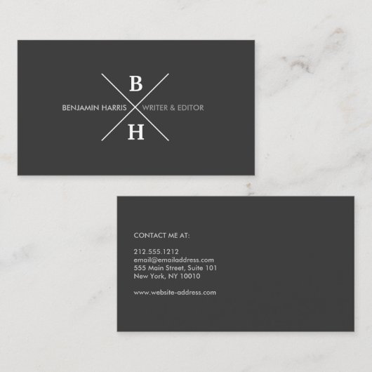 UNIEK & COOL MODERN MONOGRAM OP DONKERGRIJS VISITEKAARTJE (Voorkant / Achterkant)