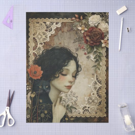 Uniek Elegant Meisje & Zwarte Kat Tuin Bloemen Tissuepapier (Craft)