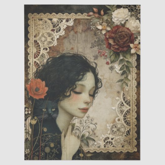 Uniek Elegant Meisje & Zwarte Kat Tuin Bloemen Tissuepapier (Voorkant)