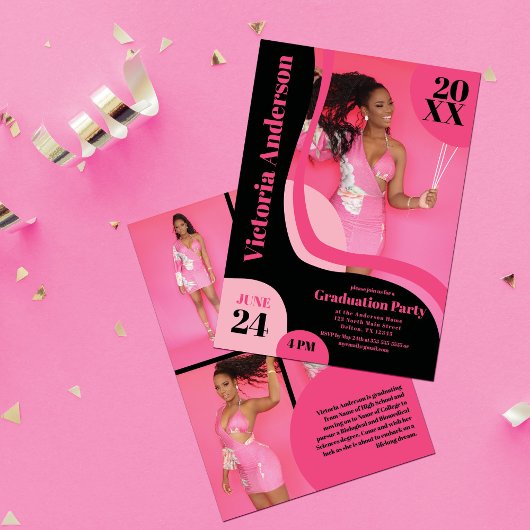 Uniek Geometrisch Roze Zwart Vier Foto-Afstuderen Kaart