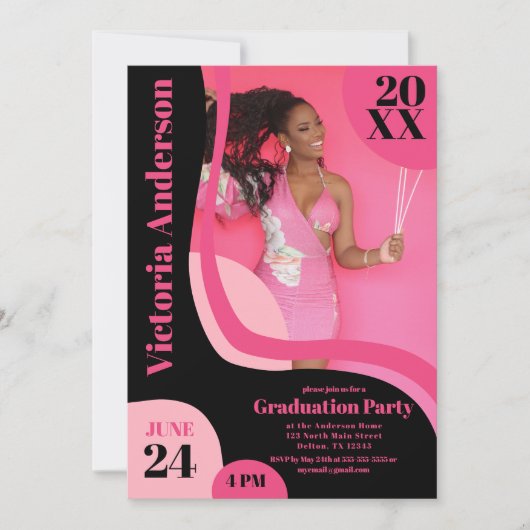 Uniek Geometrisch Roze Zwart Vier Foto-Afstuderen Kaart (Voorkant)