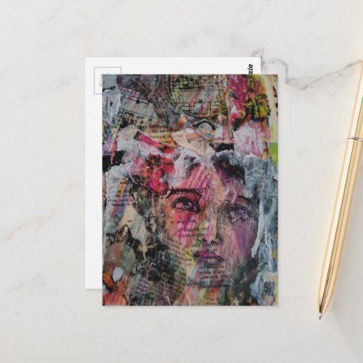 Uniek gezicht met woorden kleurrijke mixed media briefkaart (Voorkant / Achterkant in situ)