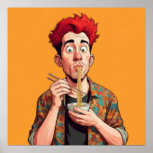 Uniek grappig man Het eten van zijn noedels gelukk Poster (Voorkant)