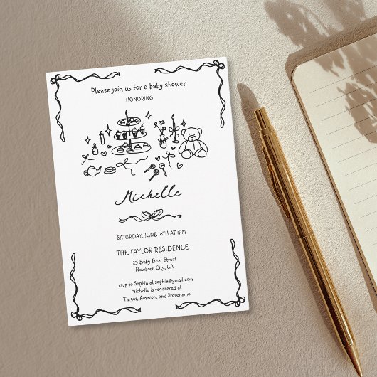 Uniek grillig handgetekende doedel Baby shower Kaart