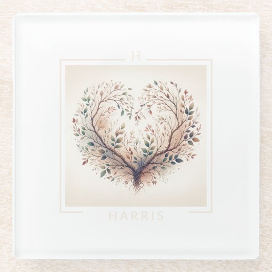 Uniek hartmonogram glazen onderzetter (Voorkant)